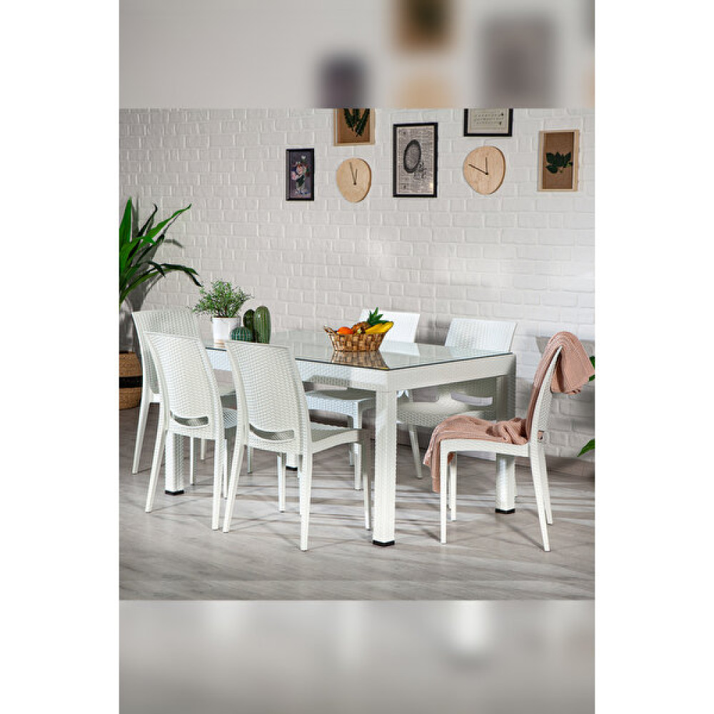 Sandalie Rattan Large Lüx Camlı Beyaz Masa Takımı Bahçe&balkon 1 Camlı Masa + 6 Sandalye Bahçe Mobilyası Takımı Fiyatı