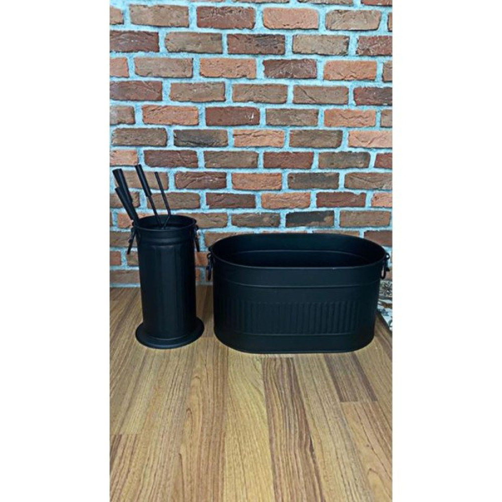 Sandıktan Al Siyah Şömine Oval Kova Odunluk ve Maşa Takımı Set Takım Bahçe Mobilyası Fiyatı