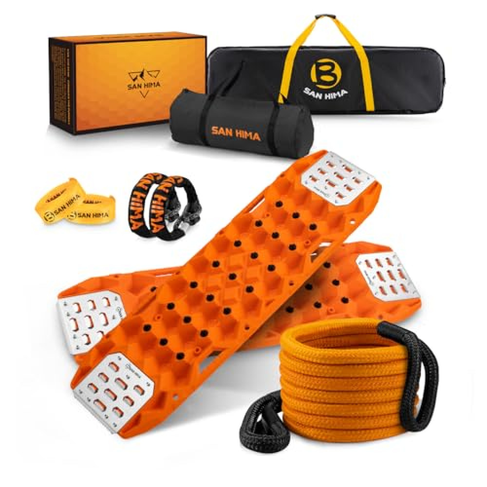 SanHima Offroad Traction Boards w/ 1" x 30ft Kinetic Recovery Tow Rope (41,000lbs) 2 Soft Shackles, Heavy Duty Recovery Kit for Truck SUV ATV UTV Vehicle, Orange