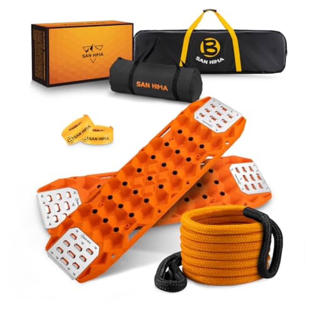 SanHima Offroad Traction Boards w/ 1" x 30ft Kinetic Recovery Tow Rope (41,000lbs), Heavy Duty Recovery Kit for Truck SUV ATV UTV Vehicle, Orange