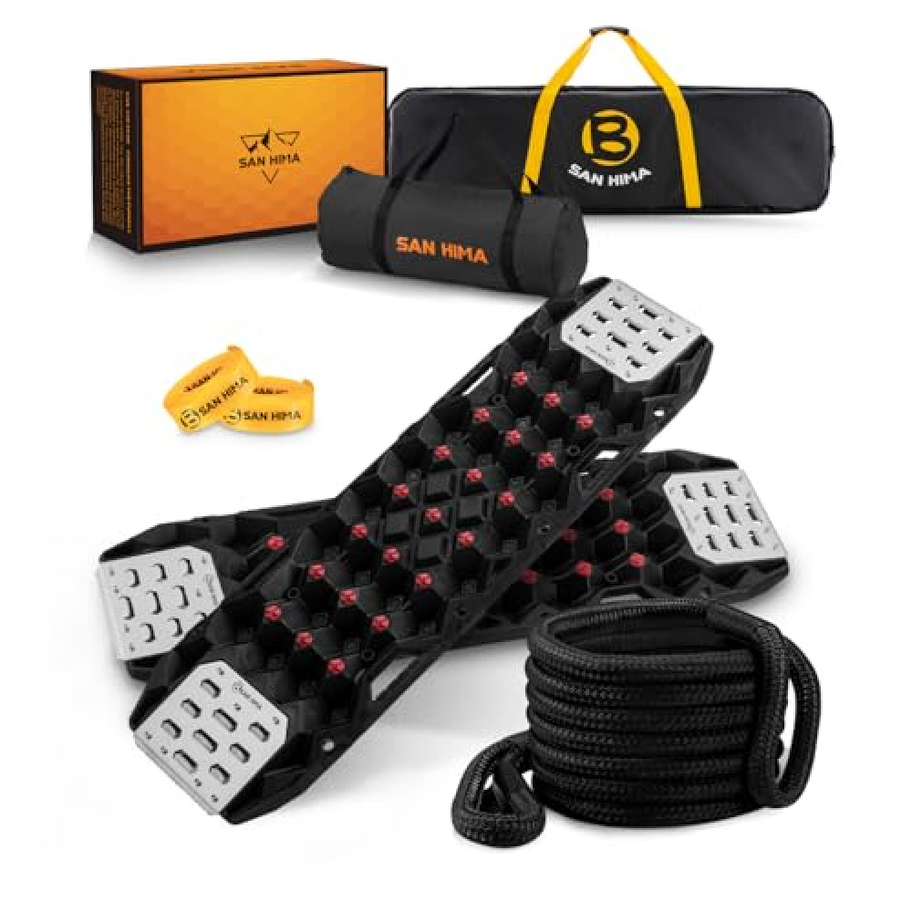 SanHima Offroad Traction Boards w/ 1" x30ft Kinetic Recovery Tow Rope (41,000lbs), Heavy Duty Recovery Kit for Truck SUV ATV UTV Vehicle, Black