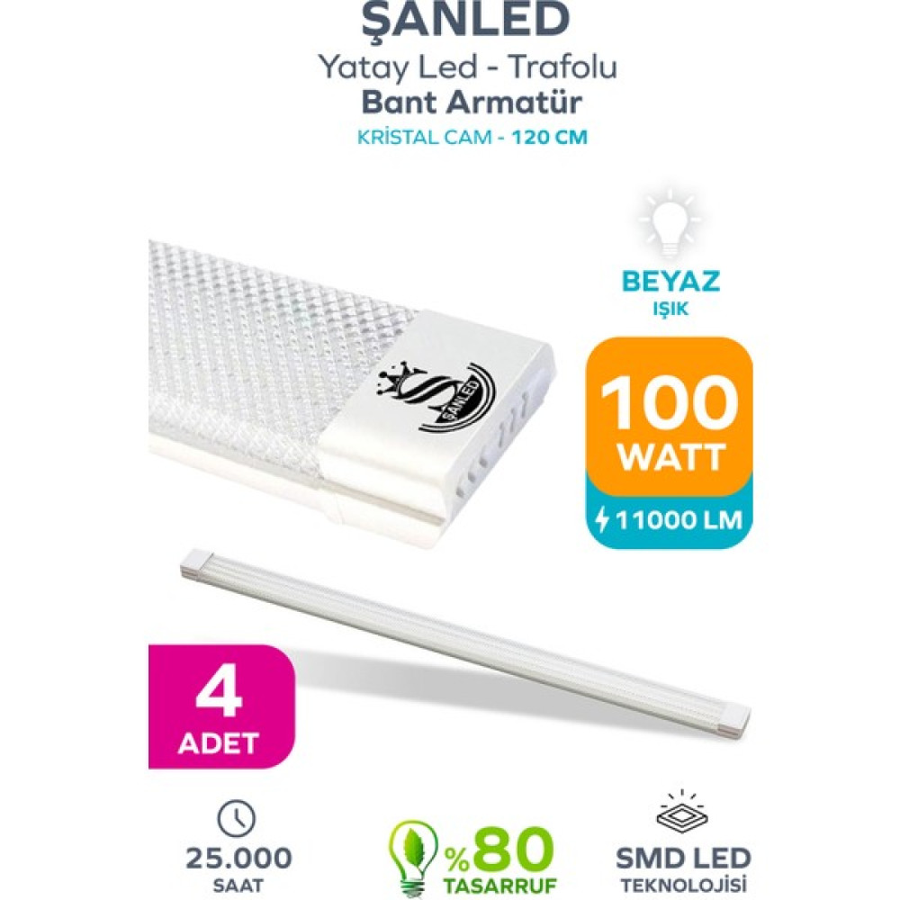 ŞANLED 100W 120 Cm Kristal Yatay LED Bant Armatür-Trafolu Beyaz Işık - 4 Adet Diğer Fiyatı