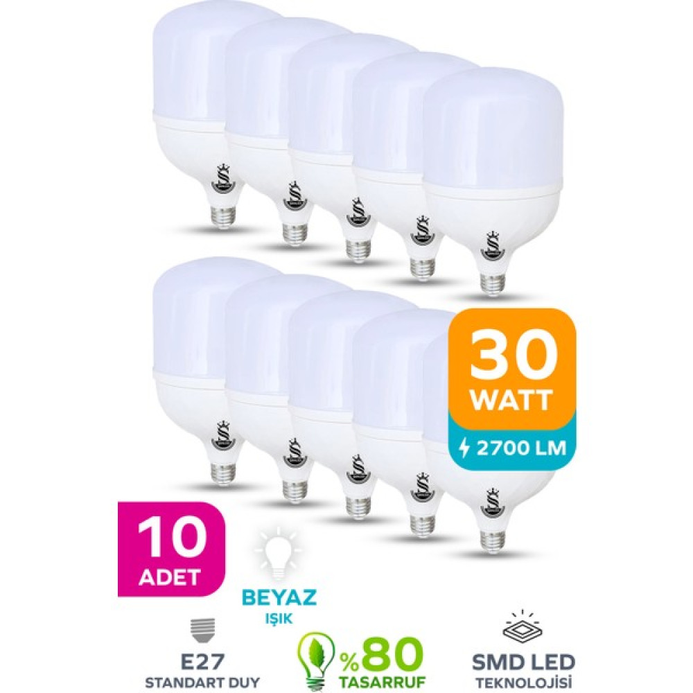 ŞANLED 30W Tasarruflu E27 Beyaz Renk Torch Led Ampul-1,2,4,6,8,10 Adettir - 10 ADET Led Aydınlatmalar Fiyatı