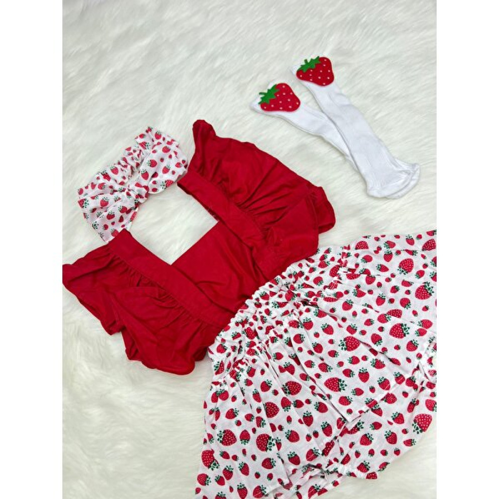 Şapka Kids Kız Bebek Çilek Salopet Bandanave Çorap Set Kız Çocuk Elbise Fiyatı