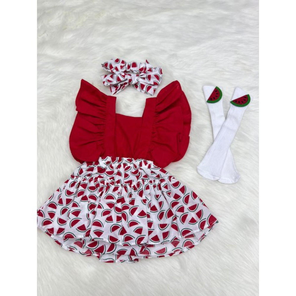 Şapka Kids Kız Bebek Karpuz Salopet Bandana ve Çorap Set Kız Çocuk Elbise Fiyatı