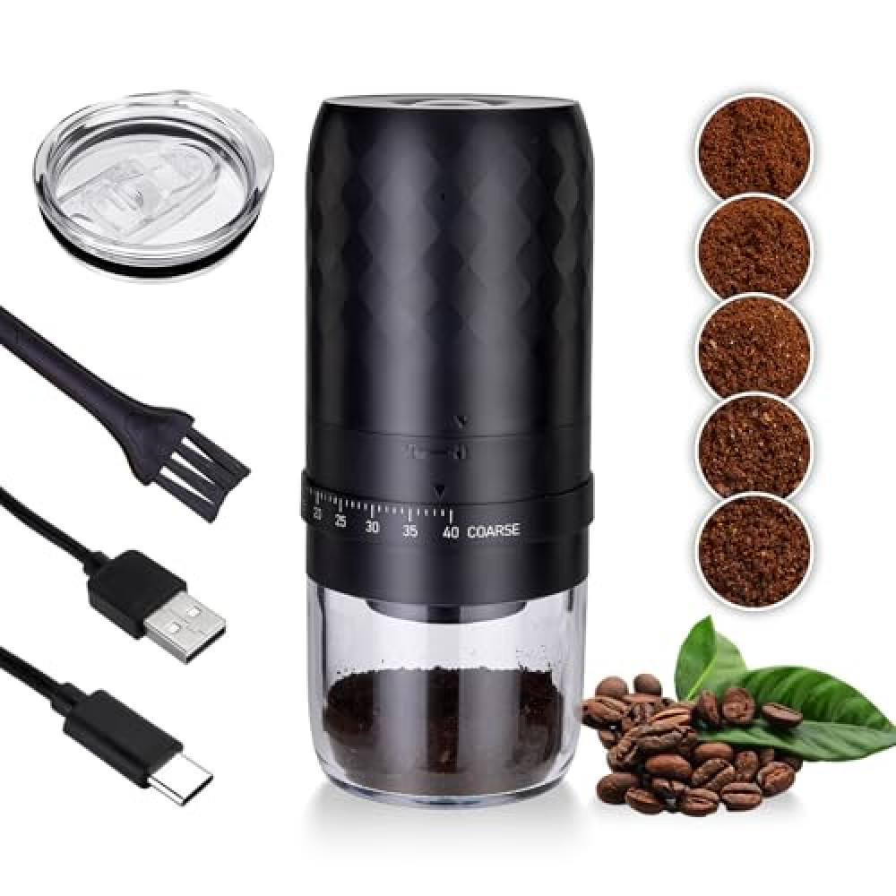 Saraudy Portable Burr Coffee Grinder Electric with 40 Adjustable Grind Settings, Conical Burr Rechargeable Coffee Bean Grinder with Cleaner Brush, Ground Coffee Cup Lid, for Home Use, Travel Camping