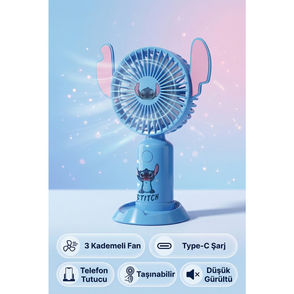 Saravita Stitch Mini Fan Taşınabilir Şarjlı Fan 3 Kademeli Type-C Telefon Tutuculu Sessiz Vantilatör - Mavi Bilgisayar Çevirici ve Adaptörü Fiyatı