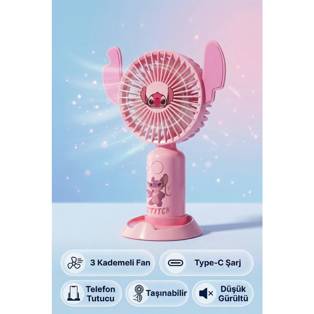 Saravita Stitch Mini Fan Taşınabilir Şarjlı Fan 3 Kademeli Type-C Telefon Tutuculu Sessiz Vantilatör - Pembe Bilgisayar Çevirici ve Adaptörü Fiyatı