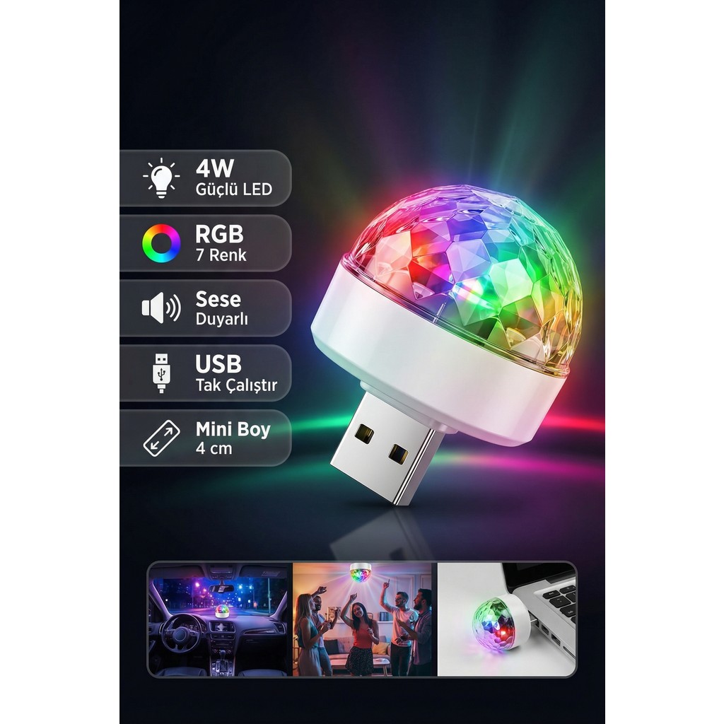 Saravita USB Mini Disco Topu Rgb LED Parti Işığı Sese Duyarlı 7 Renk Araç ve Ev Ambiyans Lambası Diğer Fiyatı