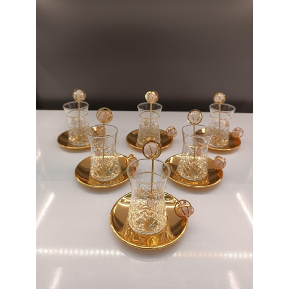 Saray Ottoman Çay Seti Çay Takımı Cam Çay Seti Cam Çay Takımı Pembe Taş Detaylı El Dekor 18 Parça - Karışık İşleme - 100 ml Fincan / Bardak / Kahve Takımı Fiyatı
