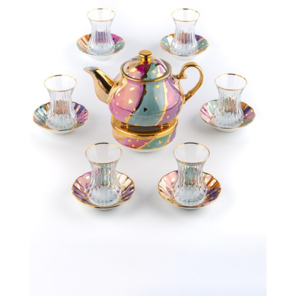 Saray Ottoman El Boyaması Çay Seti Porselen Demlik, Kaide, Çay Tabağı ve Cam Çay Bardağı 6'lı Candy Yaldızlı - 1 Adet - Renkli - 1 lt Fincan / Bardak / Kahve Takımı Fiyatı