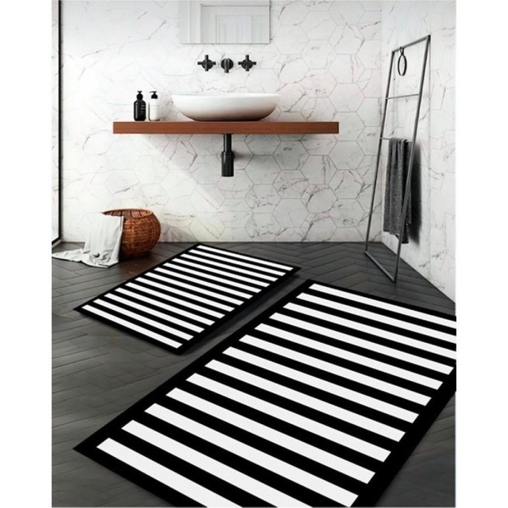 Saraz Halı Çizgi Banyo Paspas 2'Li 00111 - Banyo Klozet Takımı - Siyah - Beyaz Klozet Takımı Fiyatı