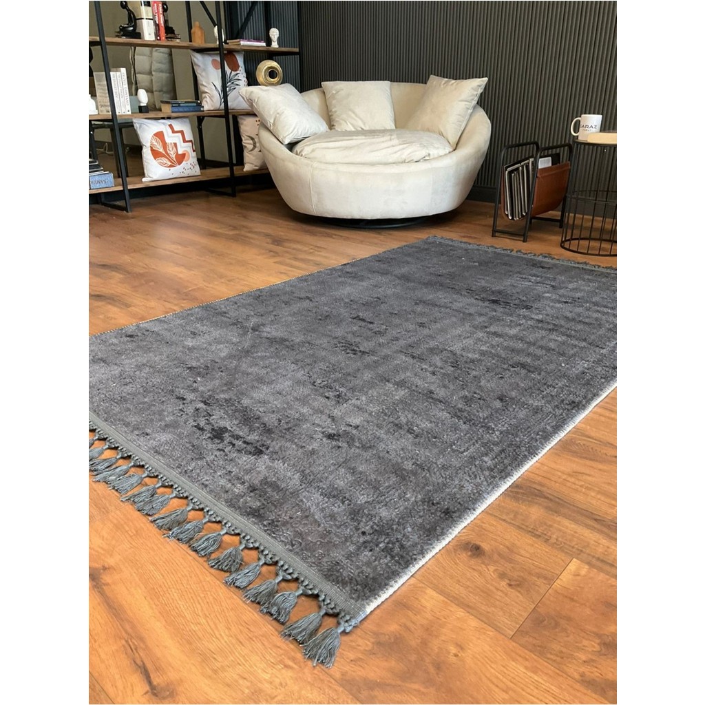 Saraz Halı Puffy Kabartma Desenli Yıkanabilir Kaymaz Taban Salon Halısı Mutfak Koridor Halısı S51 - 200 x 200 cm - Antrasit Salon Halısı Fiyatı