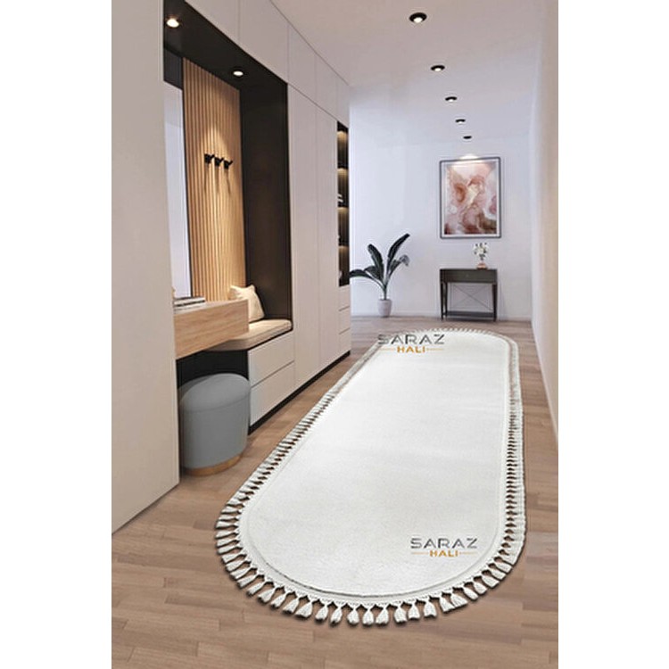 Saraz Halı Puffy Oval Yıkanabilir Halı 100 x 400 cm Beyaz Örgü Saçaklı Bohem Tema Kaymaz Taban Özellikli Salon Halısı Fiyatı
