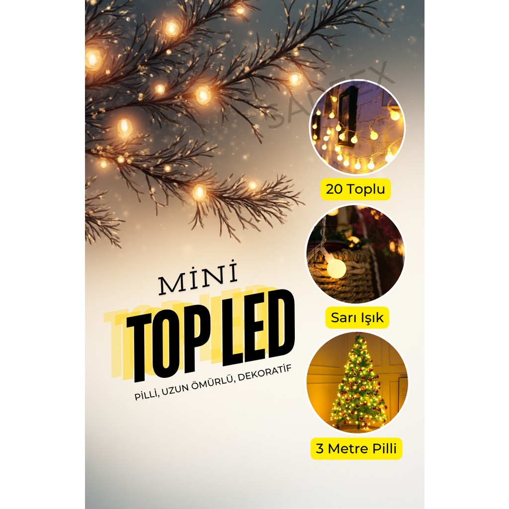 Sarfex Mini Top Led 3 Metre 20 LED Pilli Sarı Işık Dekoratif Uzun Ömürlü Aydınlatma Diğer Fiyatı