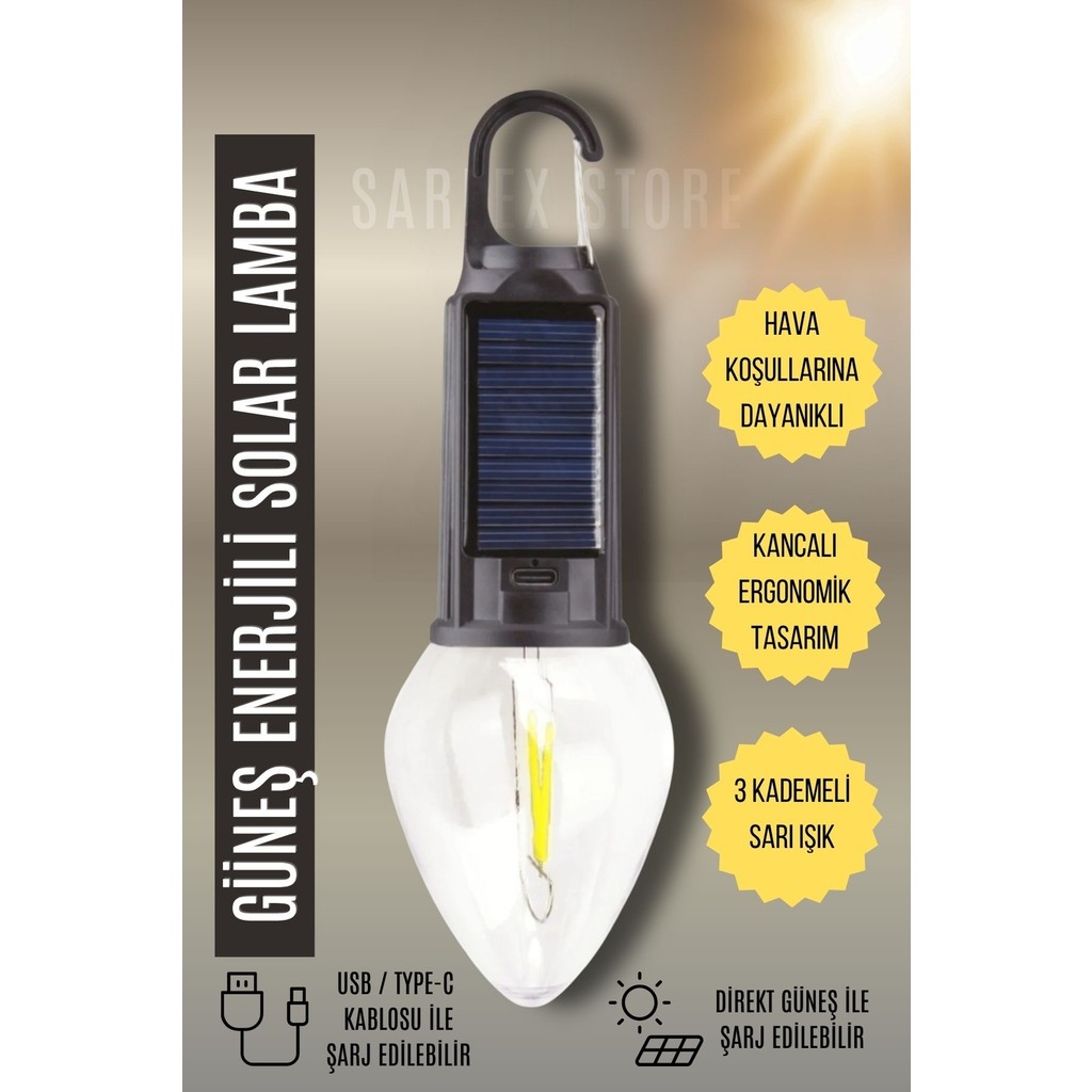 Sarfex Solar LED Ampul Güneş Enerjili + USB Şarjlı Bahçe Balkon Teras Kamp Karavan Aydınlatması Lambası Diğer Fiyatı