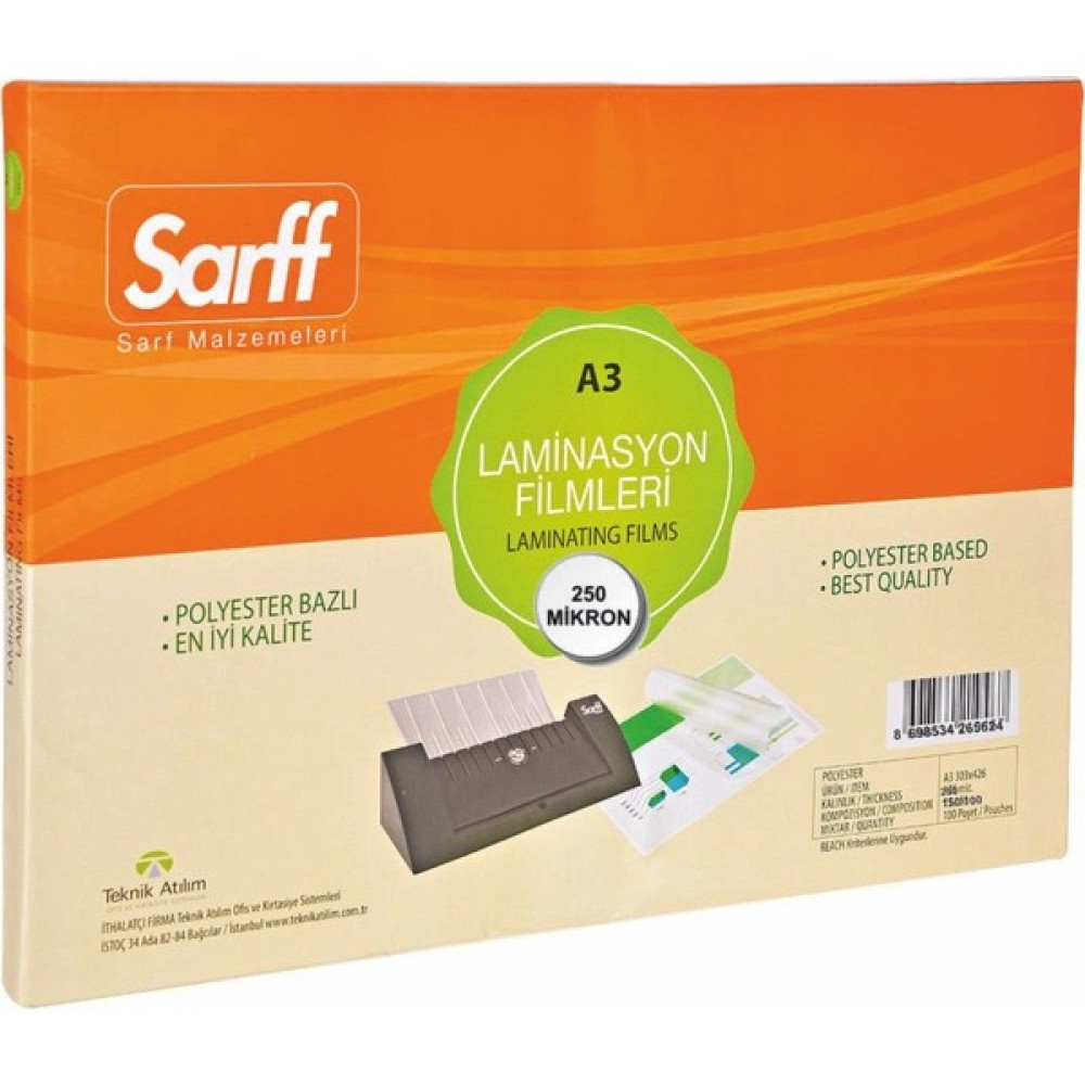Sarff 250 Mikron Parlak A3 Pvc Laminasyon Filmi 50'li Laminasyon Sistemi Fiyatı