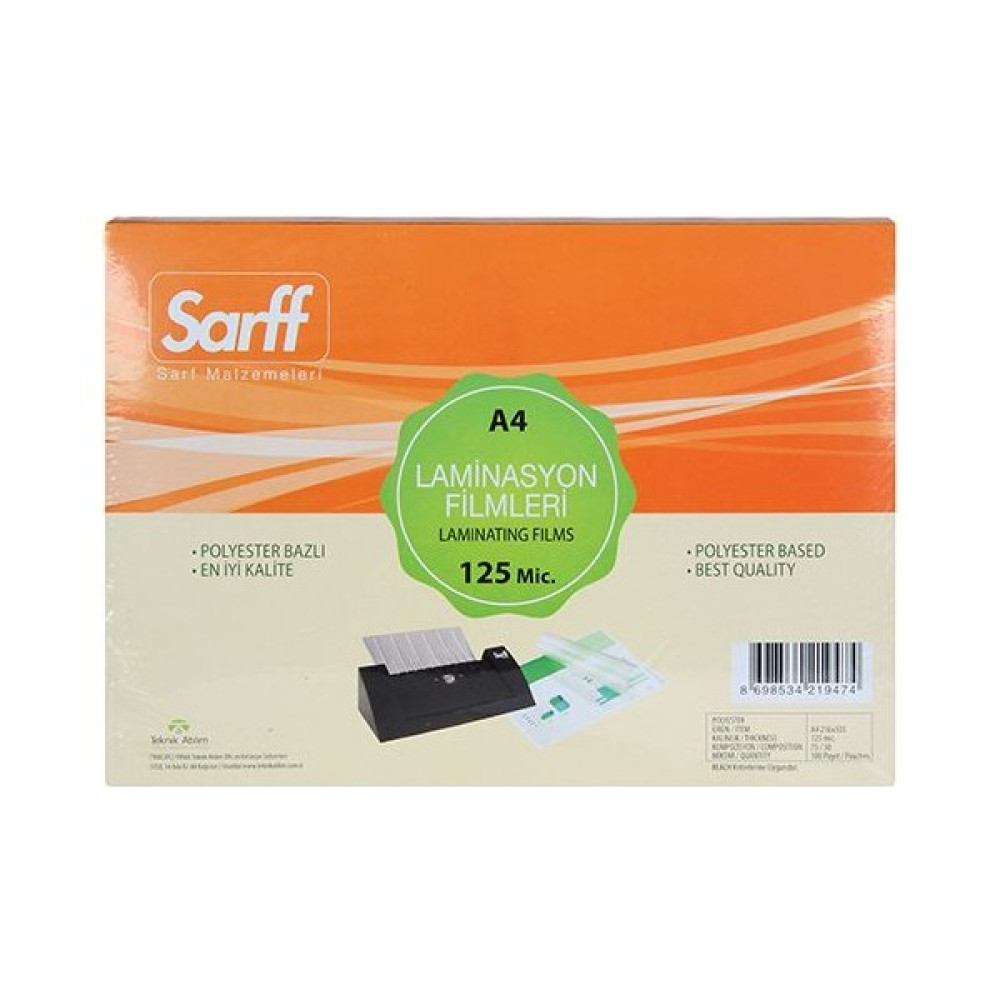 Sarff Laminasyon Filmi 125 Micron A4 100’Lü Kutu Laminasyon Sistemi Fiyatı