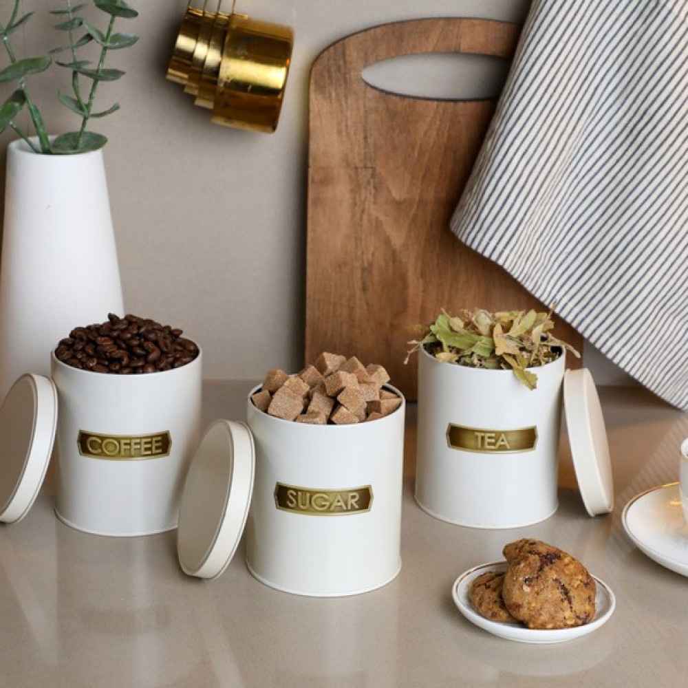 Sarkap 3'lü Metal Coffee Tea Sugar Saklama Kabı - Soft Touch Kabartmalı Krem - Küçük Boy - Renkli Saklama Kapları Fiyatı