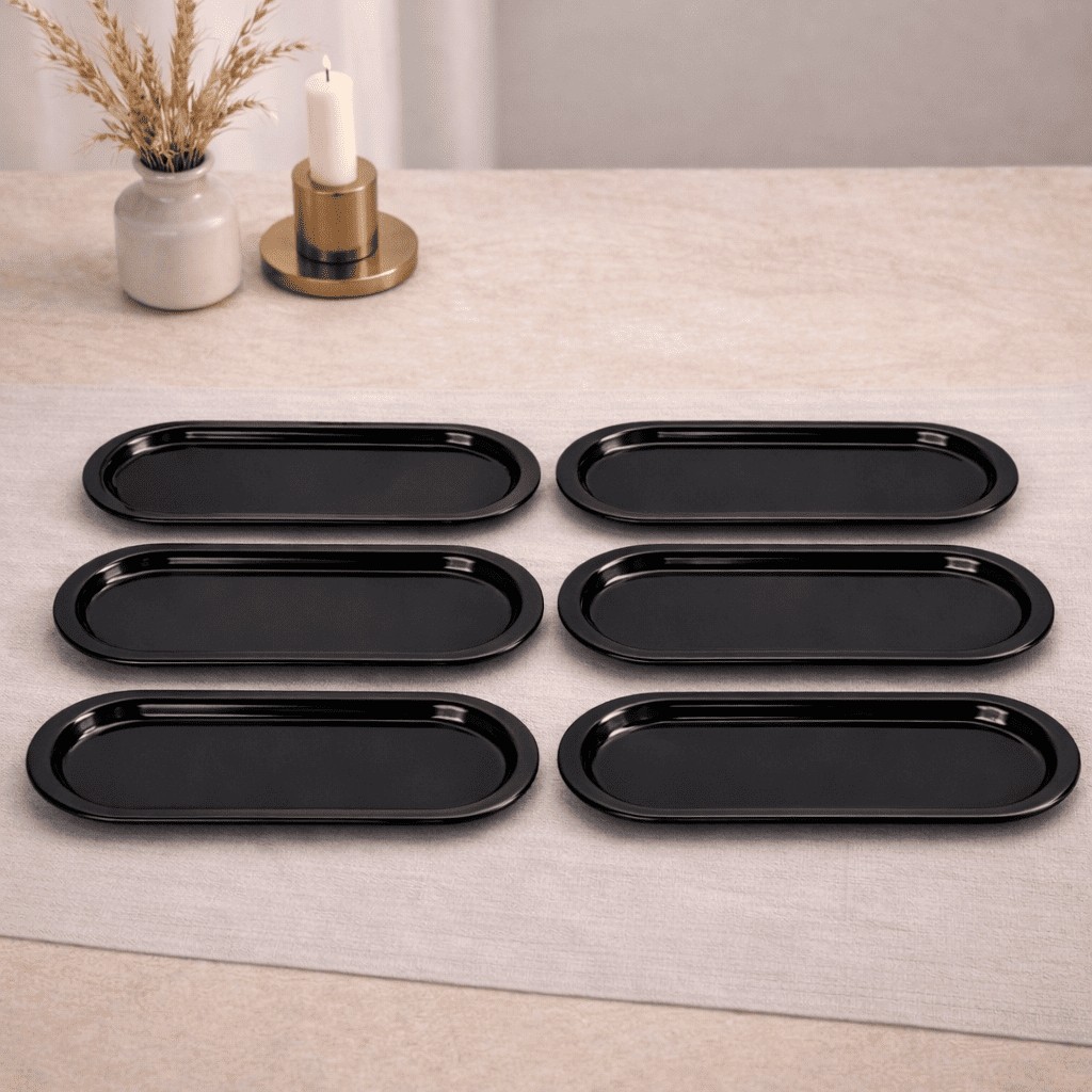 Sarkap Home 16x35 cm 6'lı Parlak Siyah Oval Sunumluk Metal Servis Tepsisi - 0 - Siyah Servis Tepsisi Fiyatı