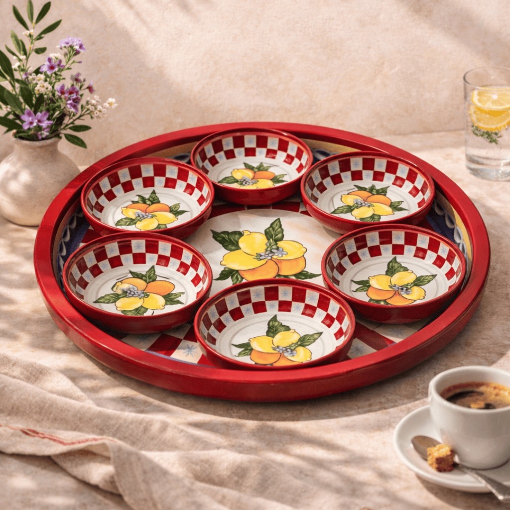 Sarkap Home Lemon Desing 34 cm Tepsi ve 10X3,2 cm 6'lı Çerezlik Seti - Kırmızı Tepsiler / Fırın Kapları Fiyatı