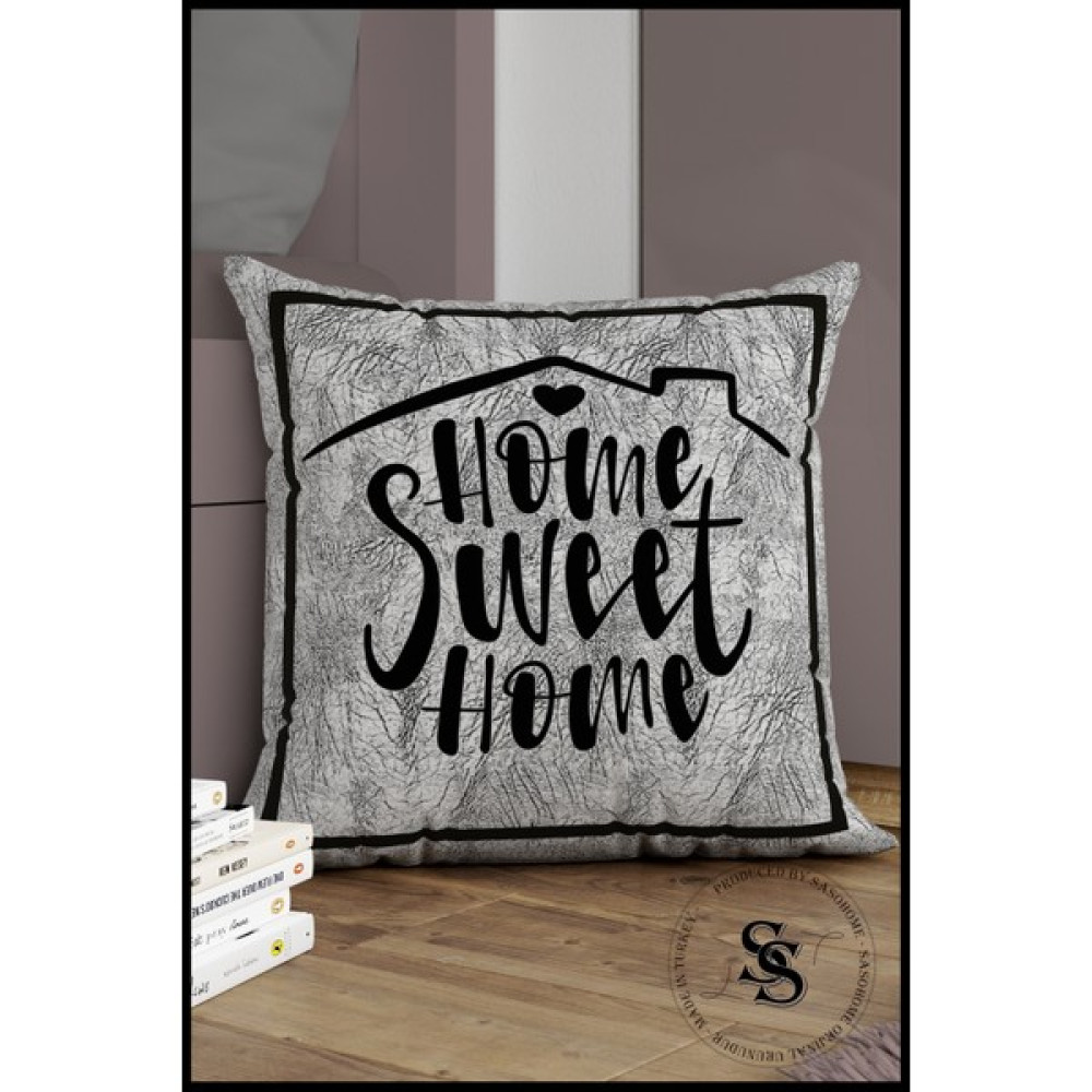 Saso Home Harfli Kırlent Kılıfı - Home Sweet Home - Harfli Dekoratif Dijital Baskılı Hediyelik Kırlent Kılıfı - 43 x 43 cm - Gri Kırlent / Mobilya Yastığı Fiyatı