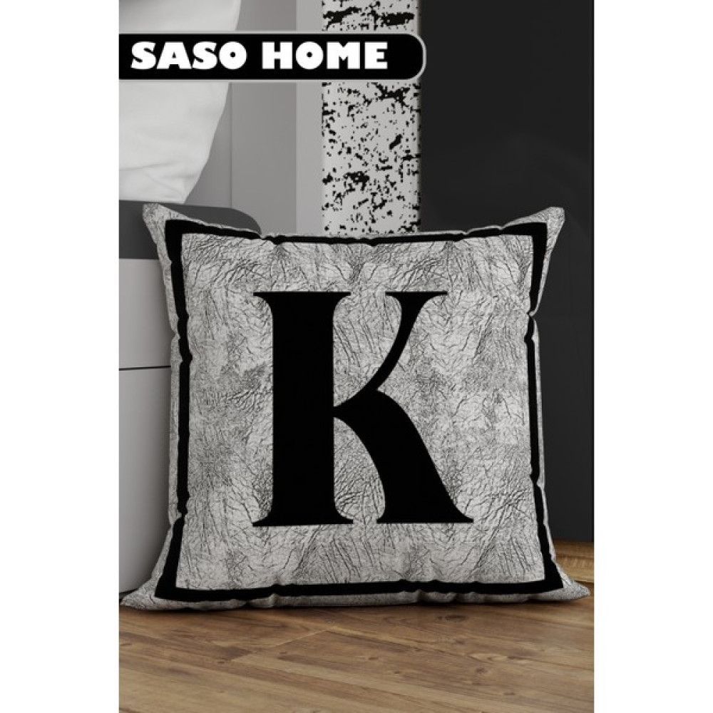 Saso Home Harfli Kırlent Kılıfı K Harfi - Harfli Dekoratif Hediyelik Dijital Baskılı Kırlent - Yastık Kılıfı - 43 x 43 cm - Gri Kırlent / Mobilya Yastığı Fiyatı