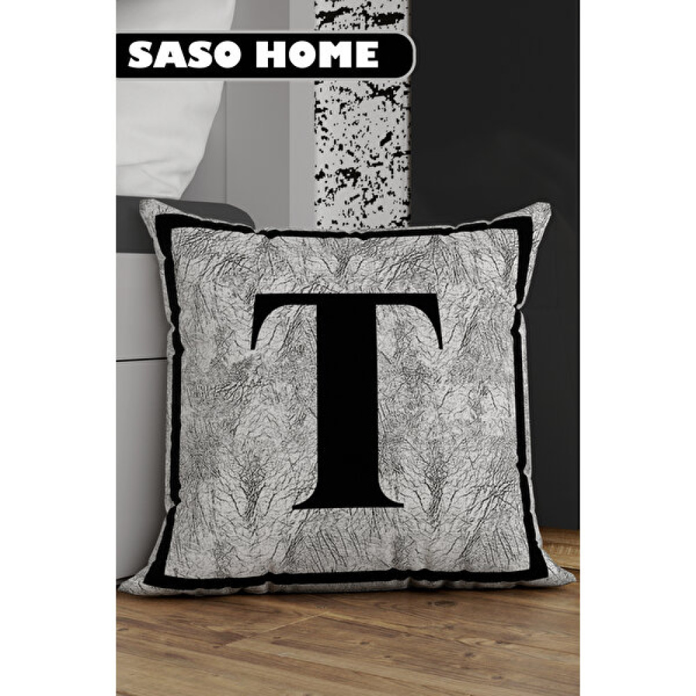 Saso Home Harfli Kırlent Kılıfı T Harfi - Harfli Dekoratif Hediyelik Dijital Baskılı Kırlent - Yastık Kılıfı - 43 x 43 cm - Gri Kırlent / Mobilya Yastığı Fiyatı