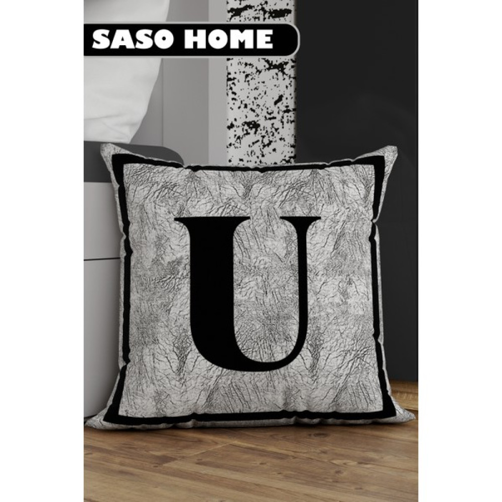 Saso Home Harfli Kırlent Kılıfı U Harfi - Harfli Dekoratif Hediyelik Dijital Baskılı Kırlent - Yastık Kılıfı - 43 x 43 cm - Gri Kırlent / Mobilya Yastığı Fiyatı
