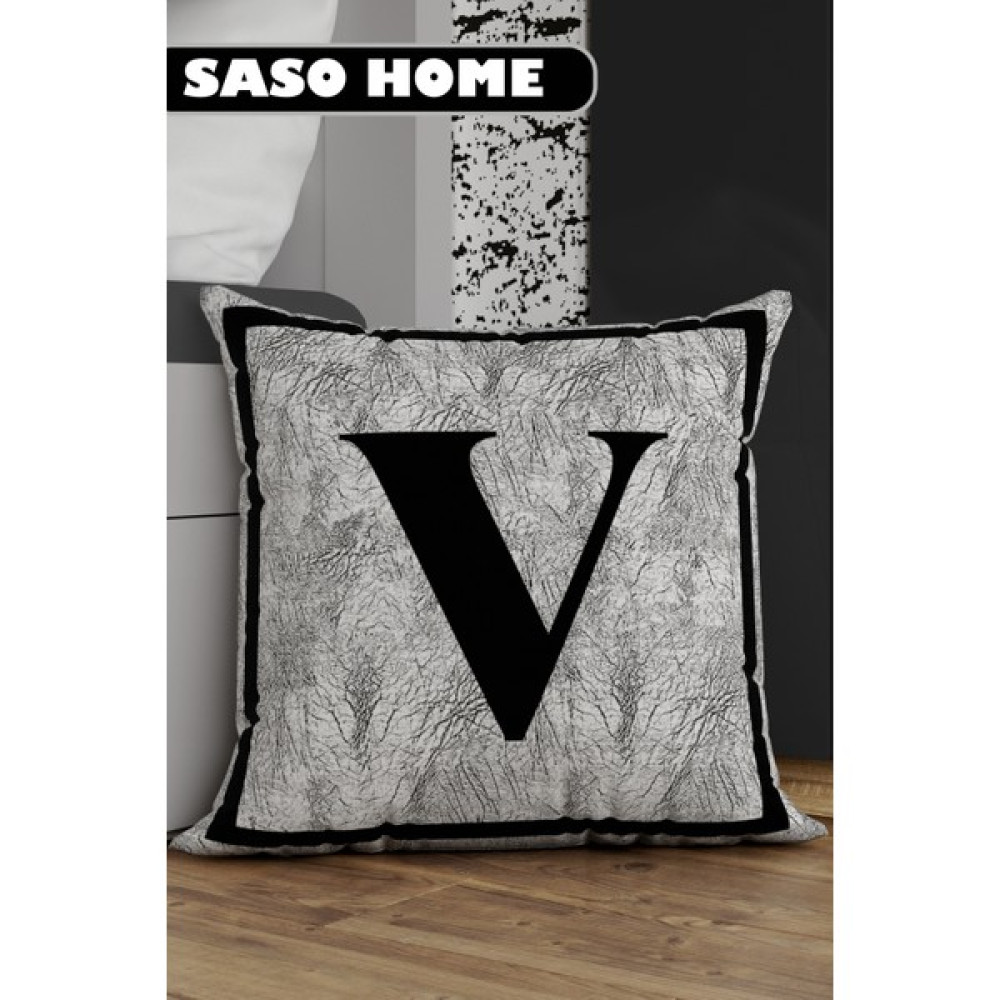 Saso Home Harfli Kırlent Kılıfı V Harfi - Harfli Dekoratif Hediyelik Dijital Baskılı Kırlent - Yastık Kılıfı - 43 x 43 cm - Gri Kırlent / Mobilya Yastığı Fiyatı