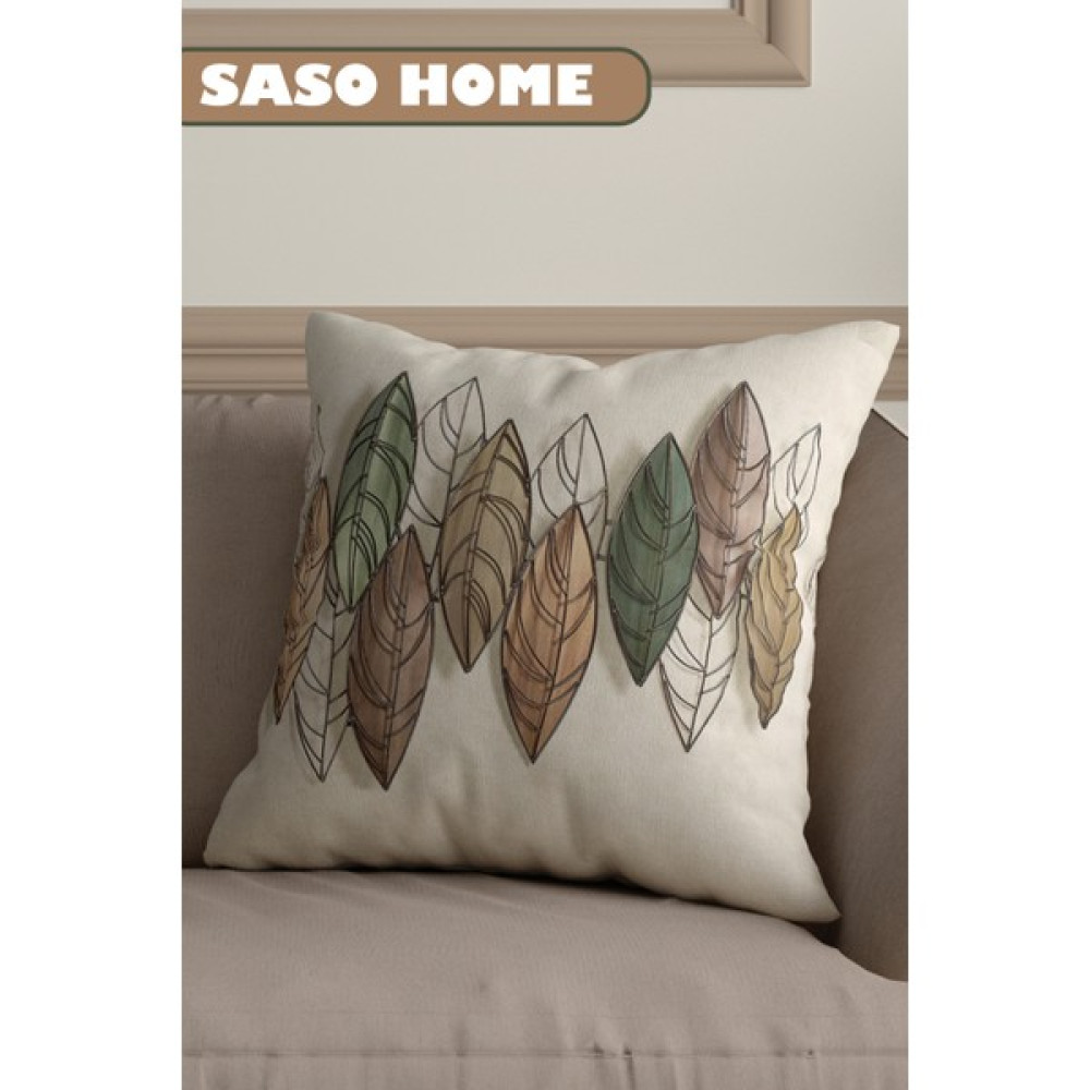 Saso Home Krem Zemin Üzerine Renkli Yapraklar Desenli 3D Dijital Baskılı Kırlent Kılıfı - 43 x 43 cm Kırlent / Mobilya Yastığı Fiyatı