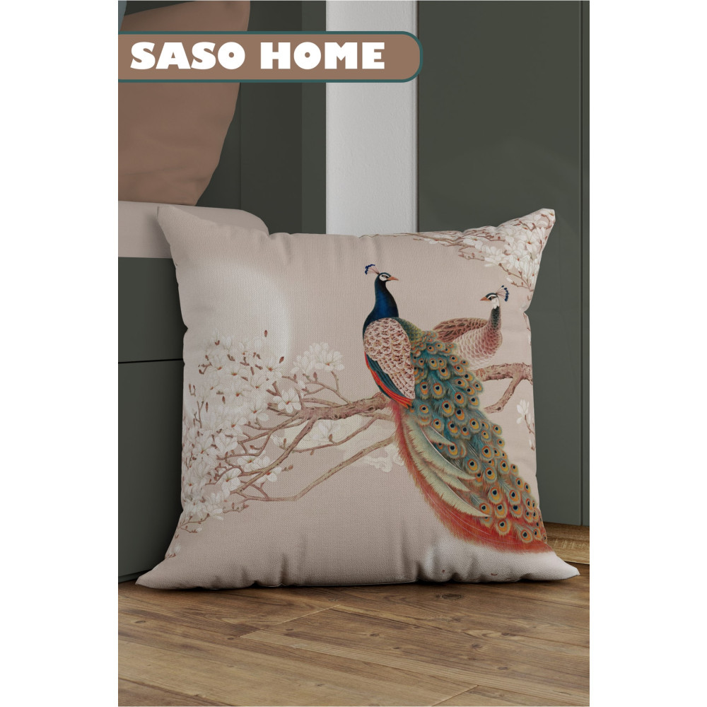 SasoHome Asya Tavus Kuşu Gün Batımı Desenli Dekoratif Hediyelik Kırlent - Yastık Kılıfı 43 x 43 Beden Yatak Odası Tekstili Fiyatı