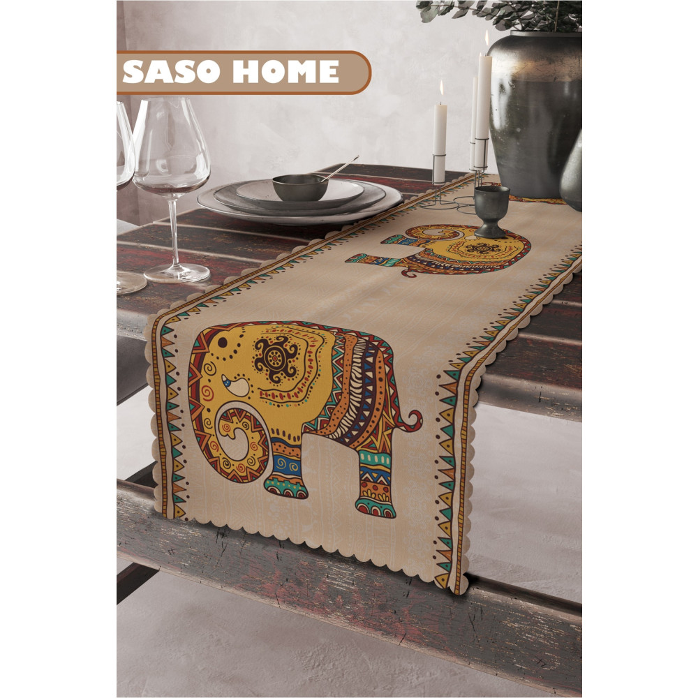 SasoHome Etnik Hint Işlemeli Fil Desenli Kaliteli Kadife Kumaş 45x140 Cm Dekoratif - Hediyelik Runner Runner Fiyatı