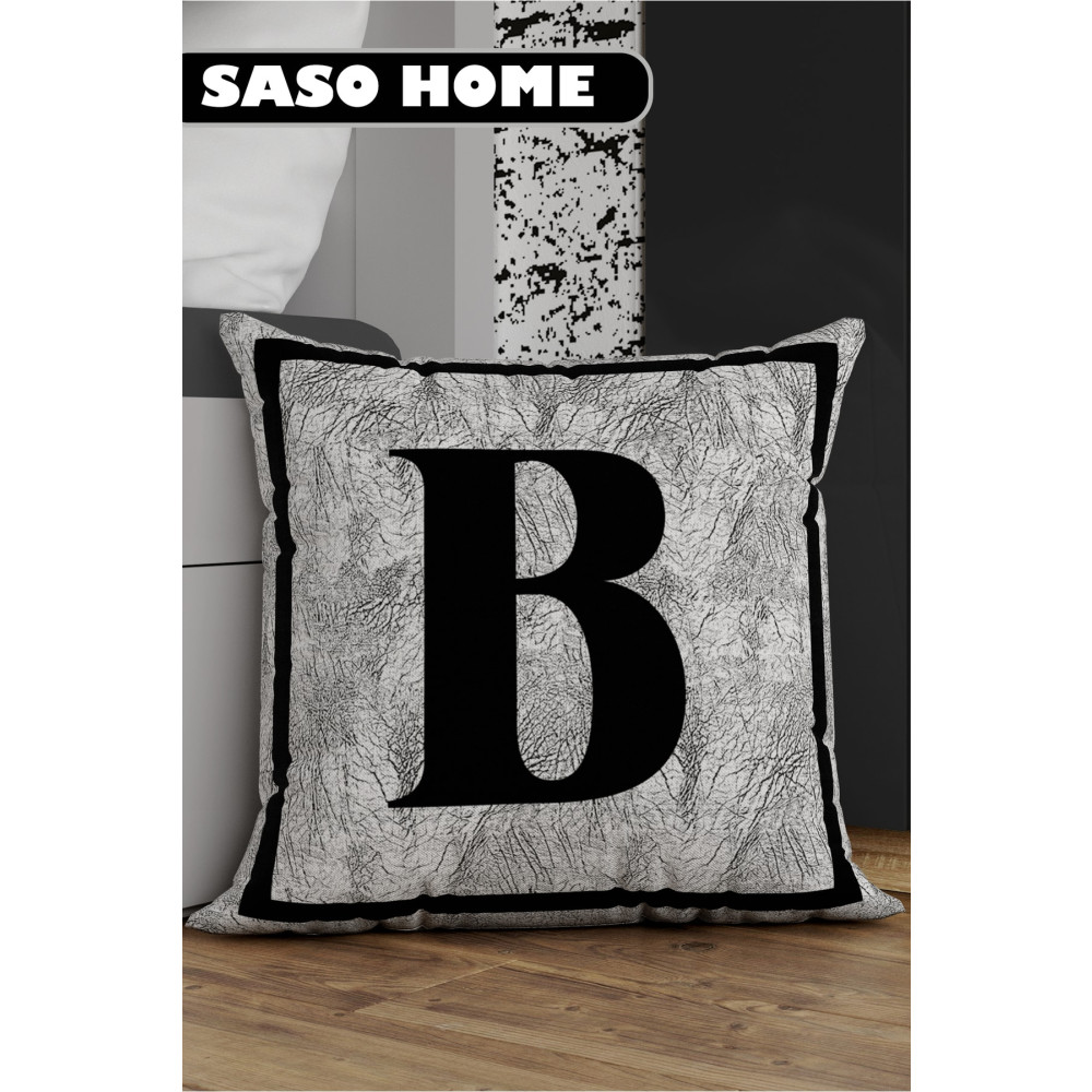 SasoHome Gri Harfli Kırlent Yastık Kılıfı - B Harfi - Gri Zemin Dekoratif Hediyelik Kırlent Kılıfı 43 x 43 Beden Yatak Odası Tekstili Fiyatı