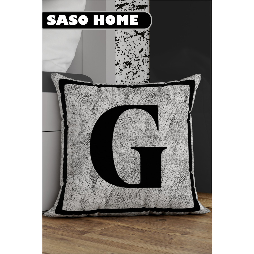 SasoHome Gri Harfli Kırlent Yastık Kılıfı - G Harfi - Gri Zemin Dekoratif Hediyelik Kırlent Kılıfı 43 x 43 Beden Yatak Odası Tekstili Fiyatı