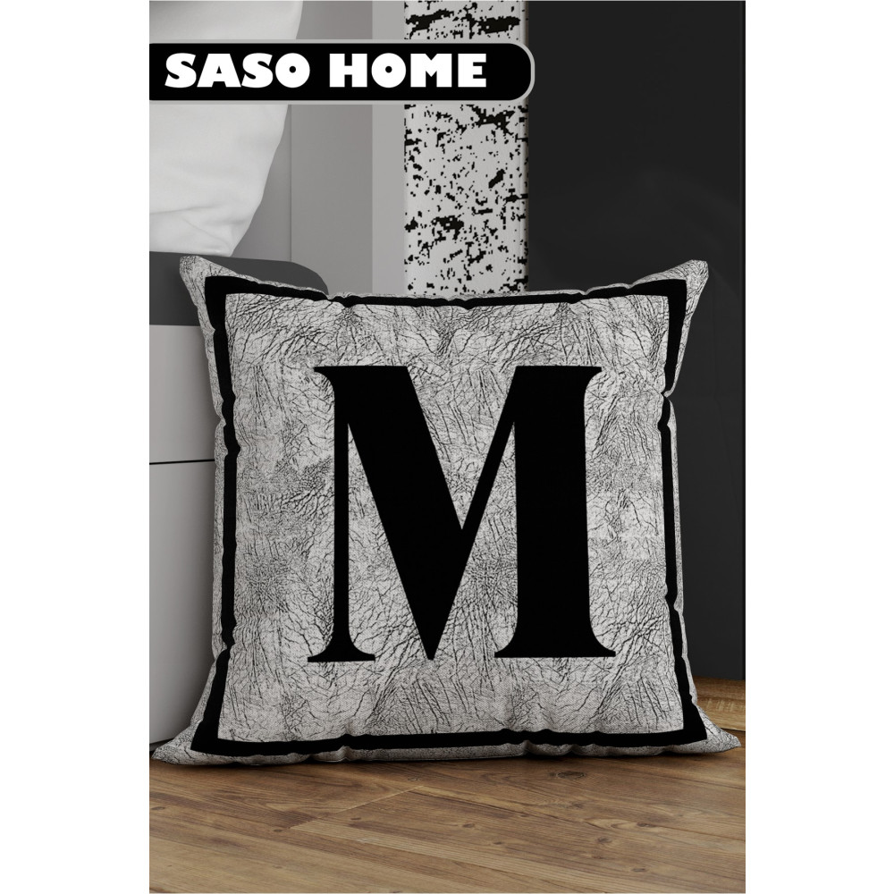 SasoHome Gri Harfli Kırlent Yastık Kılıfı - M Harfi - Gri Zemin Dekoratif Hediyelik Kırlent Kılıfı 43 x 43 Beden Yatak Odası Tekstili Fiyatı