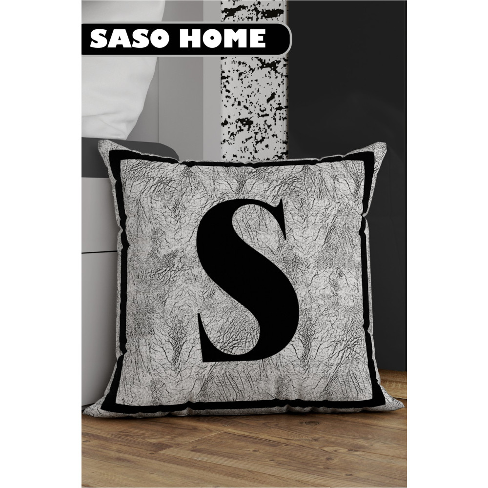 SasoHome Gri Harfli Kırlent Yastık Kılıfı - S Harfi - Gri Zemin Dekoratif Hediyelik Kırlent Kılıfı 43 x 43 Beden Yatak Odası Tekstili Fiyatı