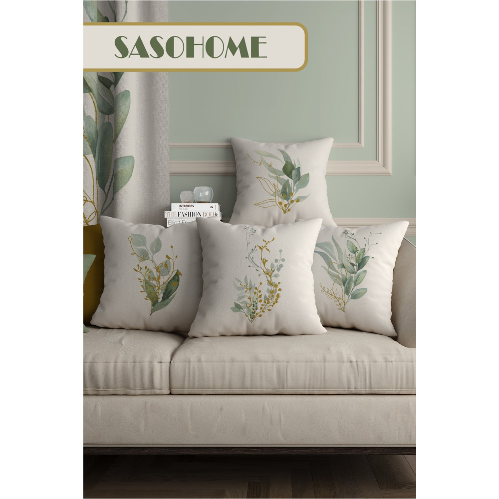 SasoHome Sade Modern Tasarımlı Yeşil Yapraklar Desenli 4 Lü Kombin Dijital Baskılı Kırlent - Yastık Kılıfı 43 x 43 Beden Yatak Odası Tekstili Fiyatı