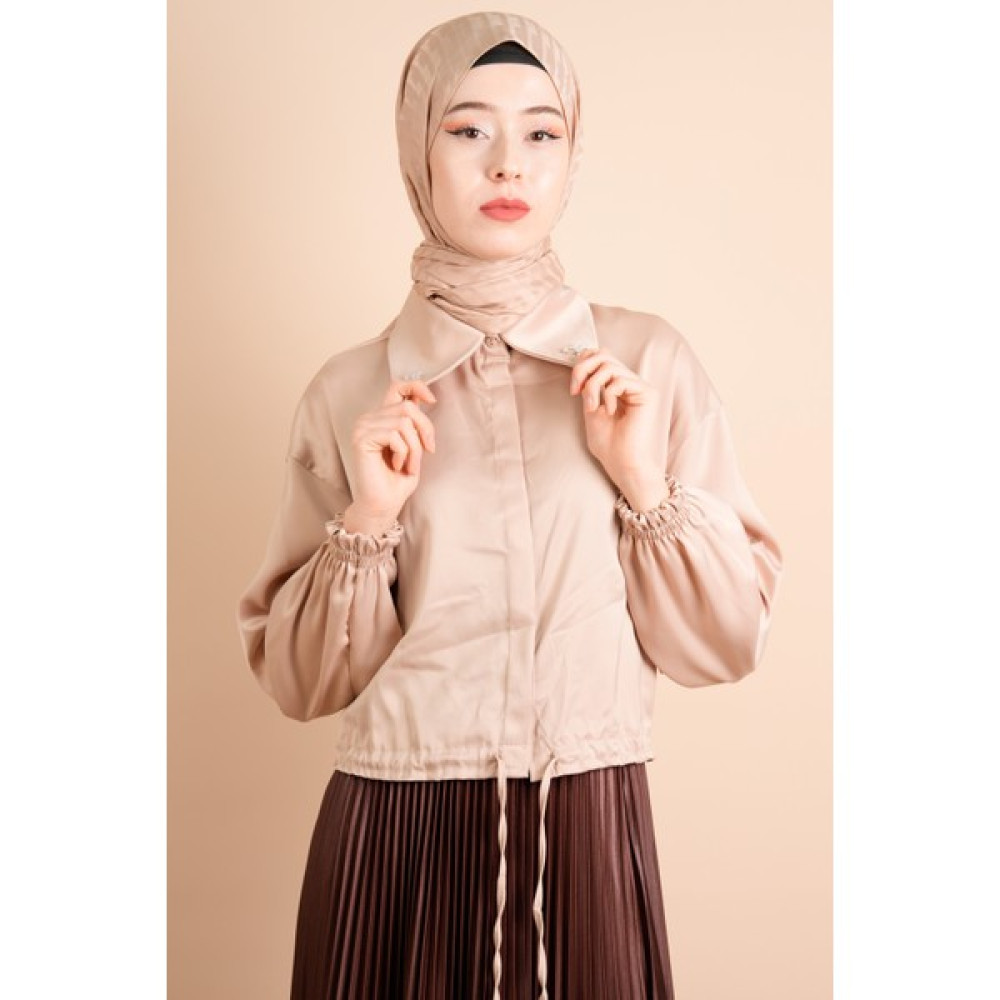 Saten Kısa Gömlek Model Alt Bağlamalı Gömlek Bej Kız Çocuk Gömlek Fiyatı