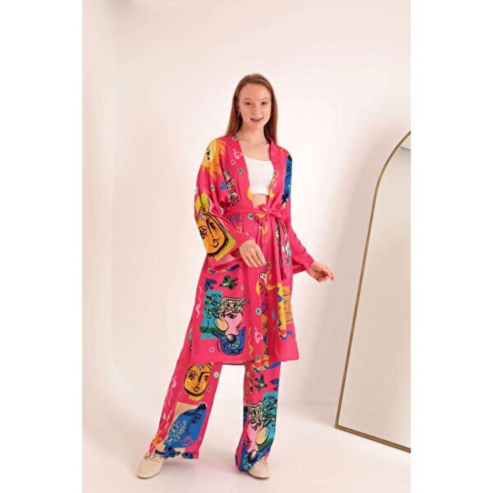 Saten Kumaş Soleil Desen Kadın Kimono-Fuşya Kadın Giyim Fiyatı