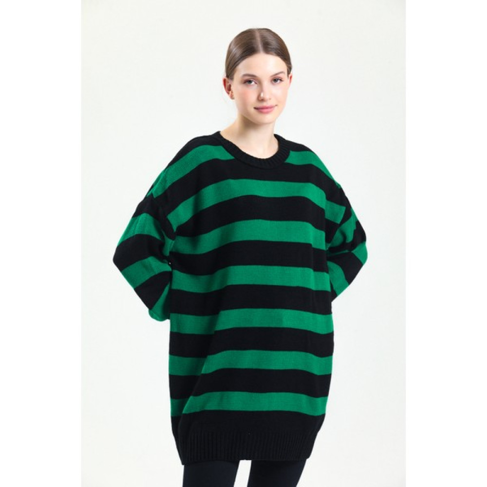 Saturn Clothing Çizgili Kazak, Triko Kazak, Kadın Kazağı, Oversize Kazak, Yeşil Siyah Çizgili Kazak Bayan Kazak & Süveter & Triko Fiyatı