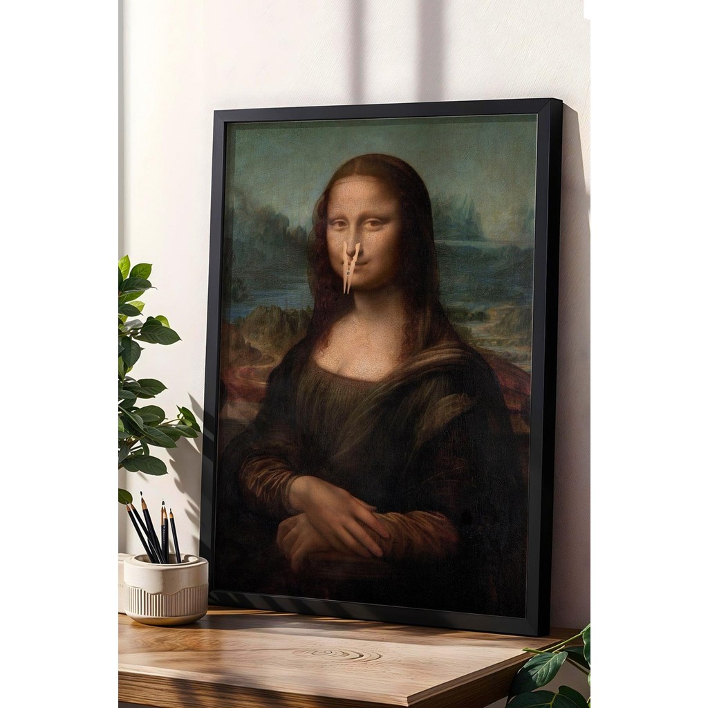 Satürn Design Burnu Mandallı Mona Lisa Çerçeveli Tablo - Wc Tuvalet Için Tablo - 50 x 70 cm - Siyah Kanvas Tablo Fiyatı