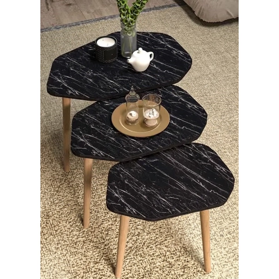 Savita Home Trio 3'lü Ahşap Zigon Sehpa - 51 cm - Bendir Yan Sehpa Fiyatı