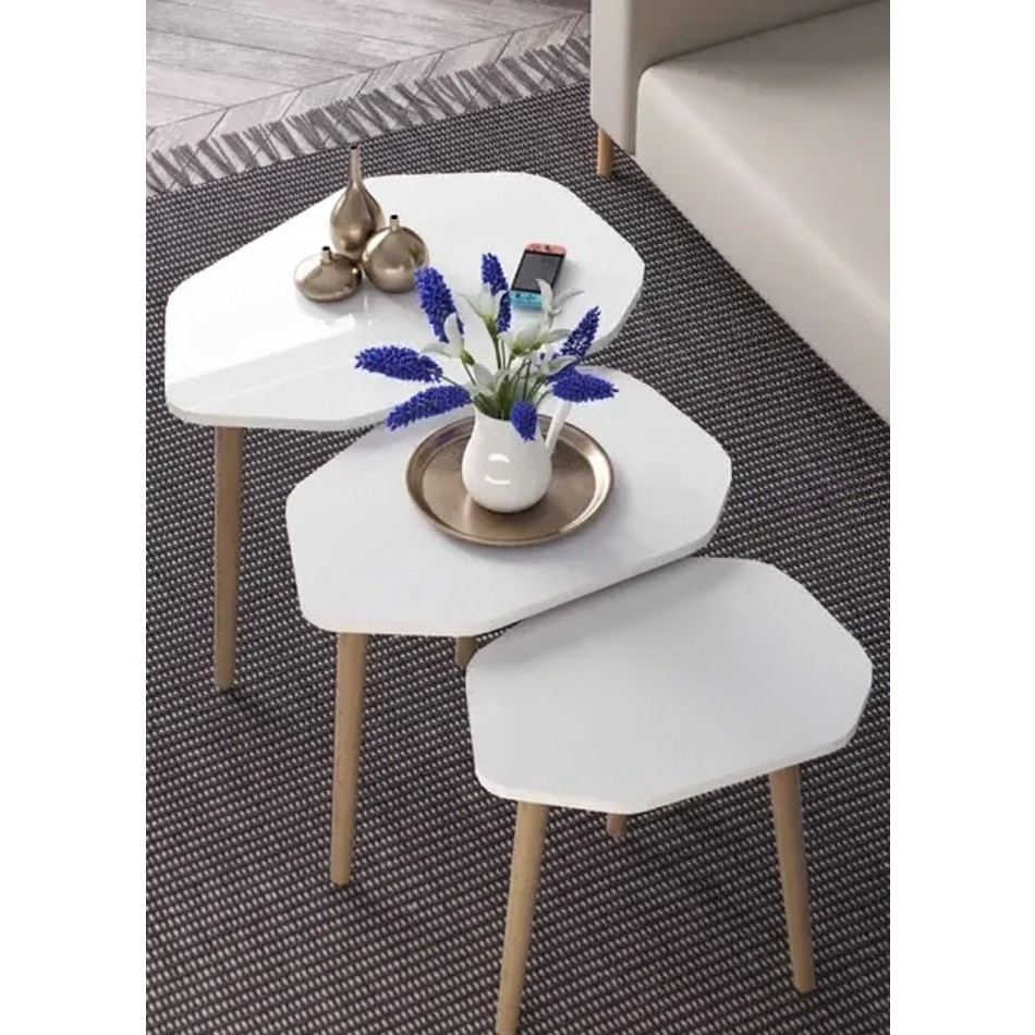 Savita Home Trio 3'lü Ahşap Zigon Sehpa - 51 cm - Beyaz Yan Sehpa Fiyatı