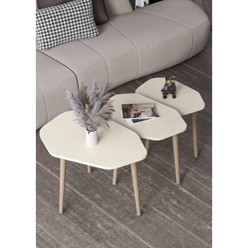 Savita Home Trio 3'lü Ahşap Zigon Sehpa - 51 cm - Krem Yan Sehpa Fiyatı