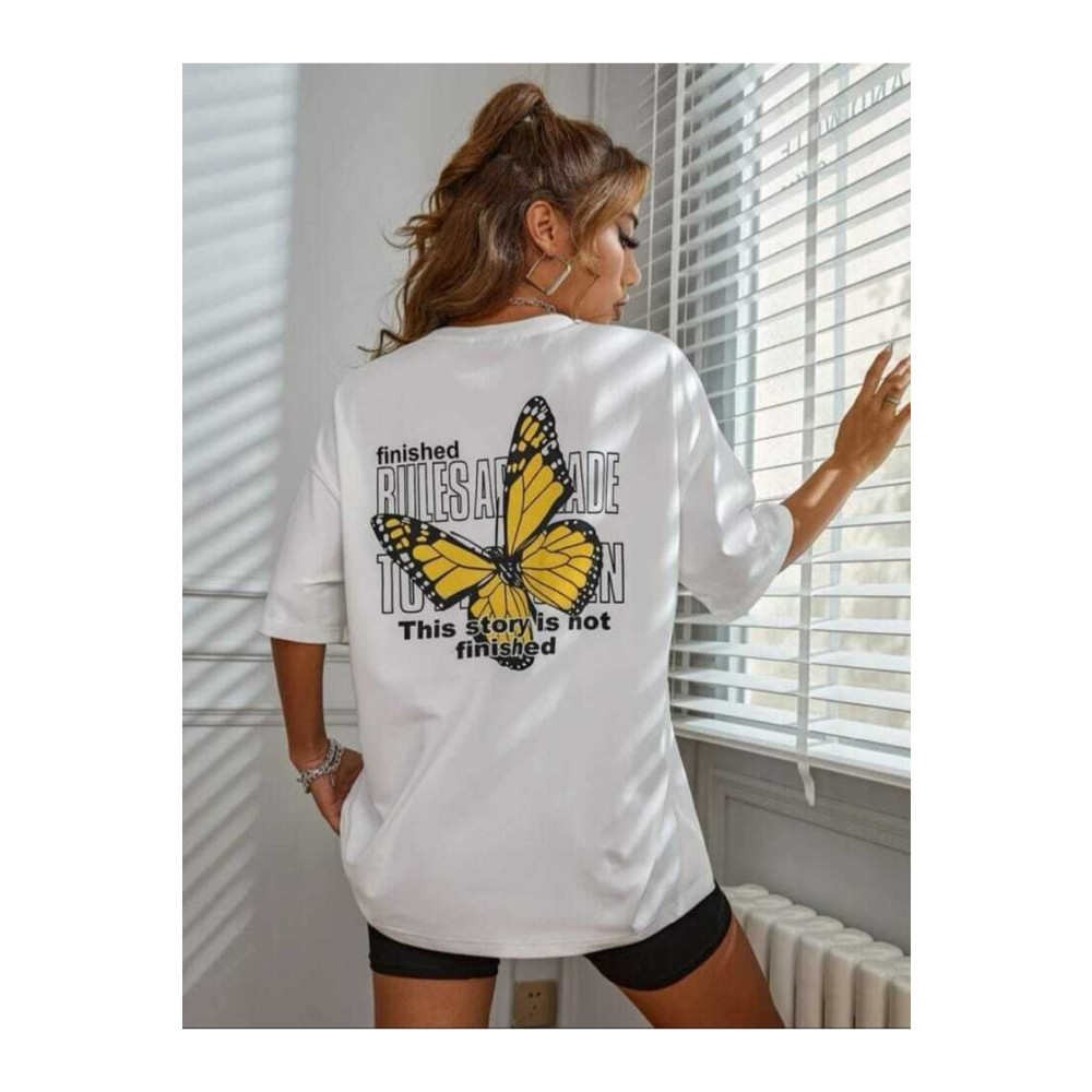 SAVO GİYİM Kelebek Baskılı Oversize Kadın T-shirt XL Beden Bayan T-shirt Fiyatı