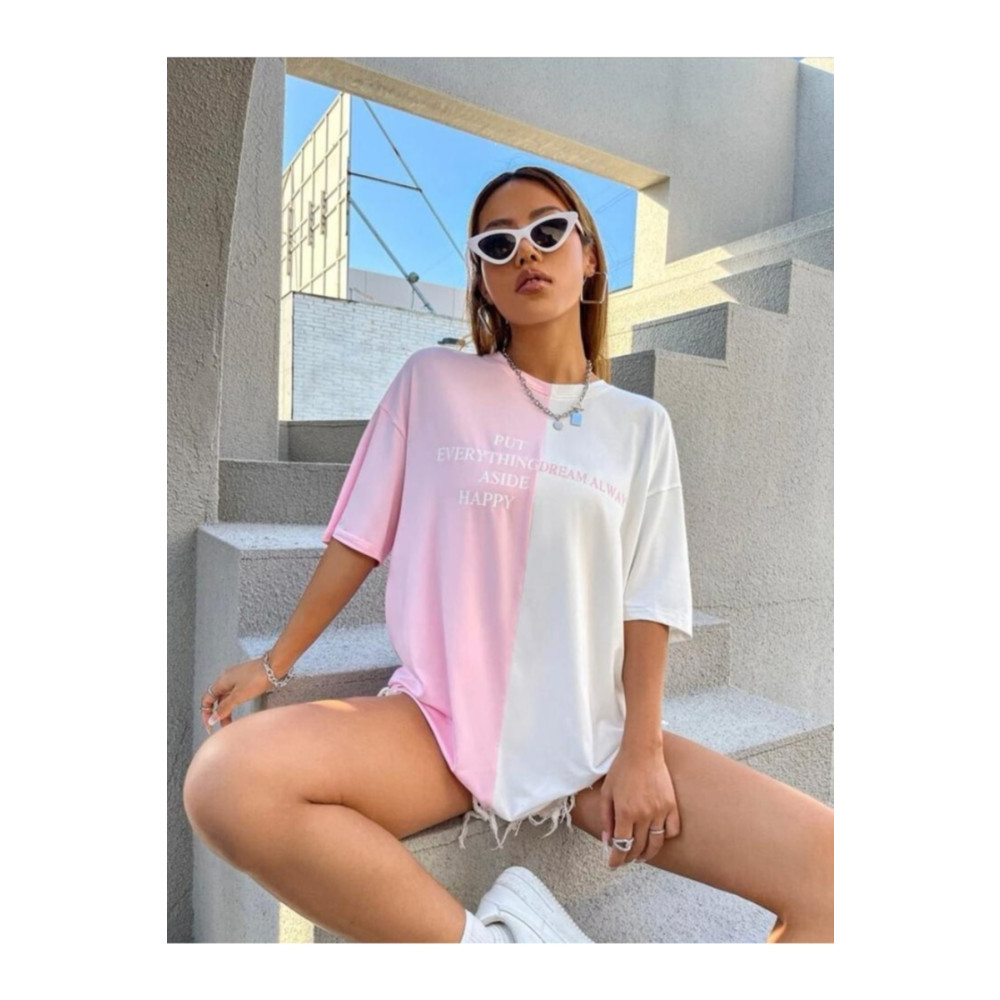 SAVO GİYİM Pembe Beyaz Çift Renk Baskılı Oversize Kadın T-shirt L Beden Bayan T-shirt Fiyatı