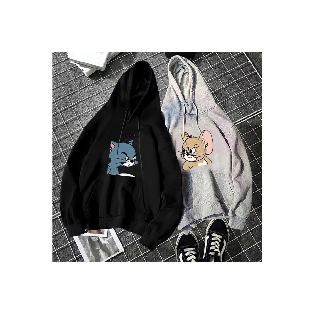 SAVO GİYİM Siyah Gri Tom ve Jerry Baskılı Ikili Kadın Erkek Oversize Kapşonlu Sweatshirt S/L Beden Bayan Sweatshirt Fiyatı