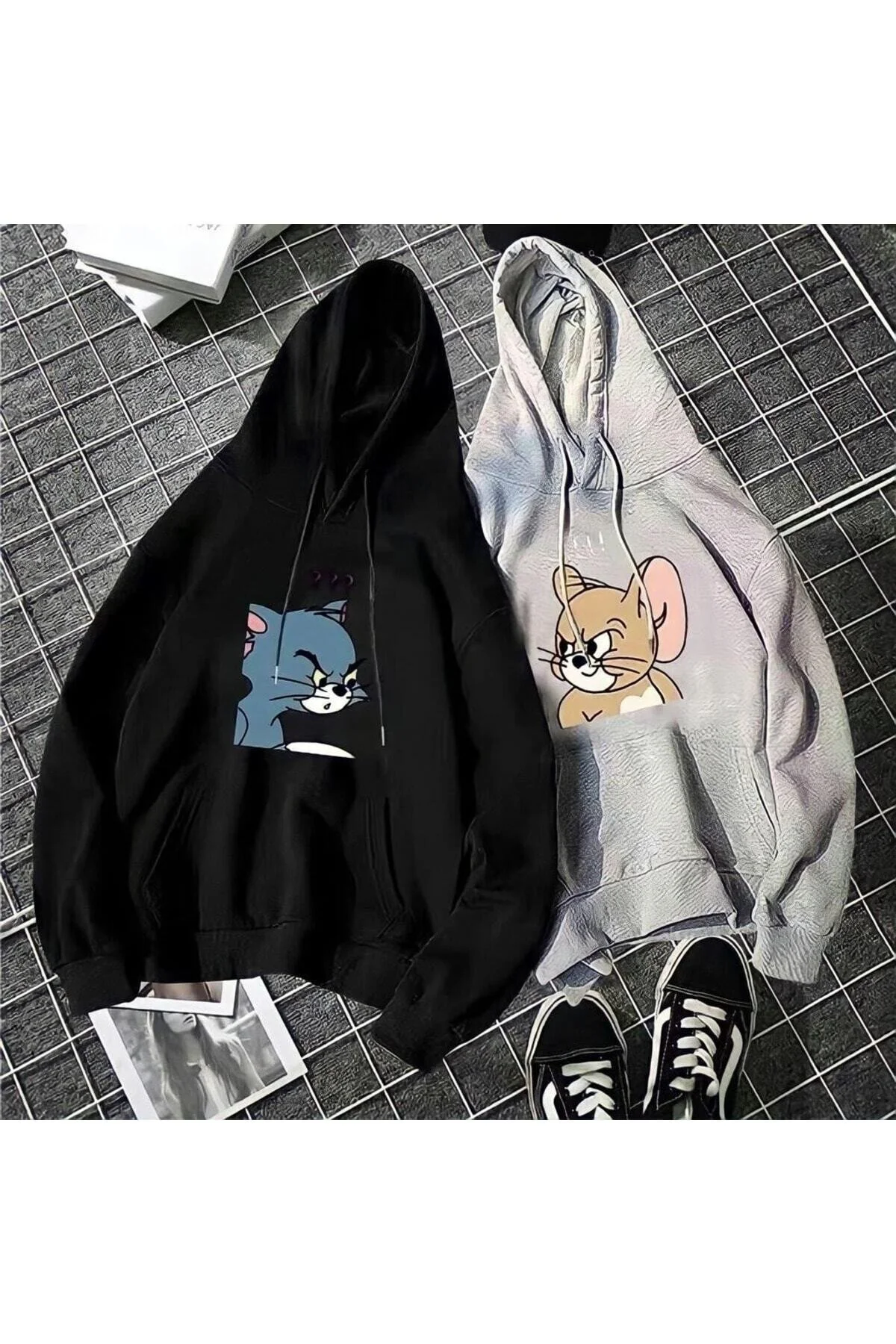 SAVO GİYİM Siyah Gri Tom ve Jerry Baskılı Ikili Kadın Erkek Oversize Kapşonlu Sweatshirt S/S Beden" Bayan Sweatshirt Fiyatı