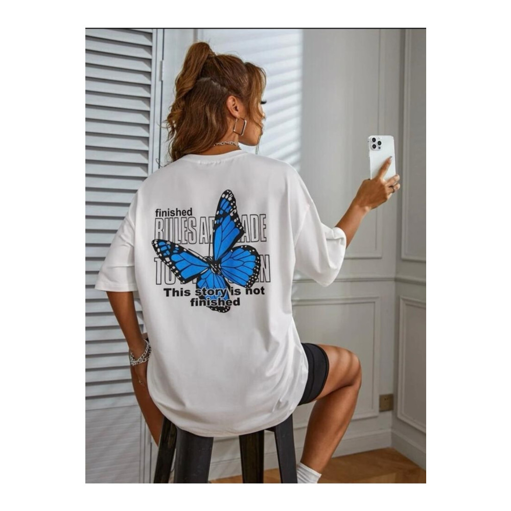 SAVO GİYİM Zokawear Kelebek Baskılı Beyaz Oversize Kadın T-shirt XL Beden Bayan T-shirt Fiyatı